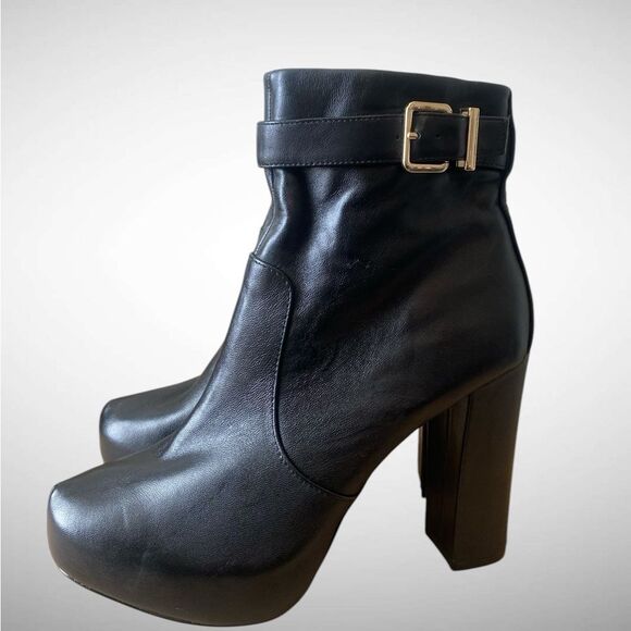 Express Black Genuine Leather ankle platform boots Gold buckleNWOB size 7 & 9.5 - Picture 2 of 10